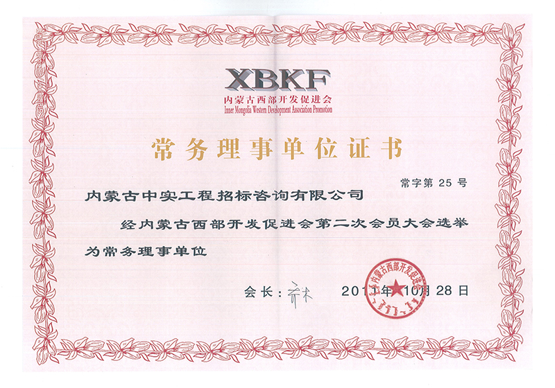 内蒙古西部开发促进会常务理事单位证书